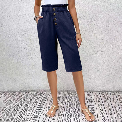 Pantaloncini Estivi Donna a Vita Alta con Tasche e Dettaglio Bottoni – Cotone Blend