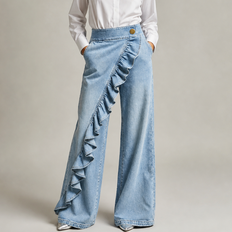 Pantaloni Gonna Donna a Vita Alta con Volant e Gamba Larga – Stile Elegante Casual