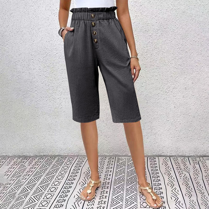 Pantaloncini Estivi Donna a Vita Alta con Tasche e Dettaglio Bottoni – Cotone Blend