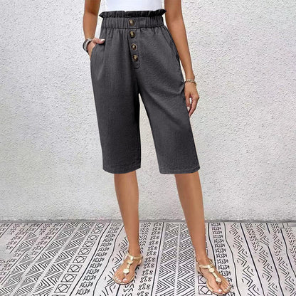 Pantaloncini Estivi Donna a Vita Alta con Tasche e Dettaglio Bottoni – Cotone Blend