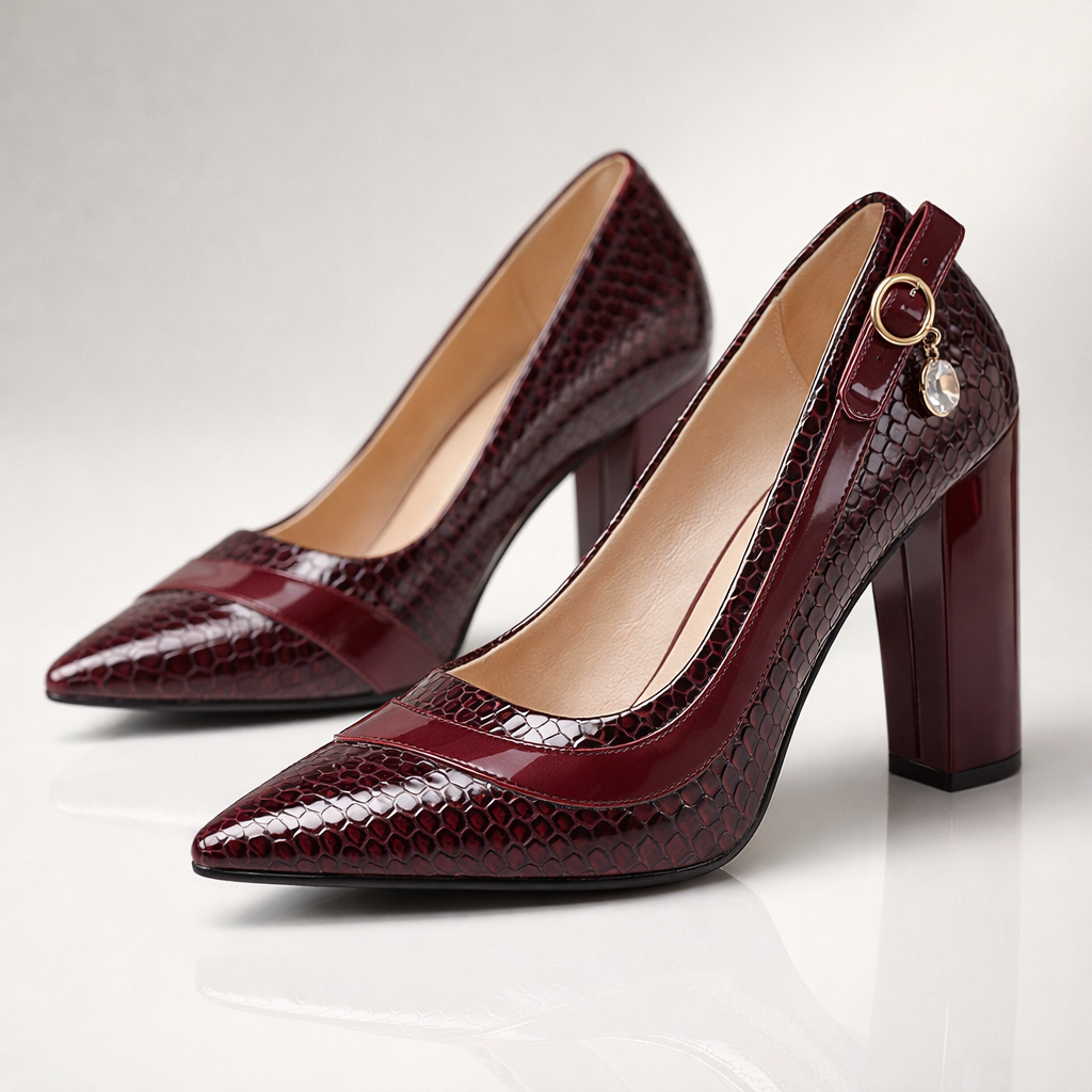 Women's Pointed Toe Pumps with Glossy Crocodile Effect and Wide Heel – Elegant Shoes