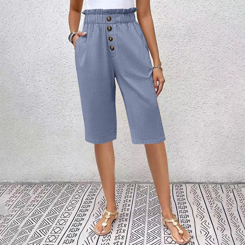 Pantaloncini Estivi Donna a Vita Alta con Tasche e Dettaglio Bottoni – Cotone Blend