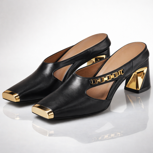 Women's Mule with Square Toe, Shiny Metal Block Heel – Elegant Shoes