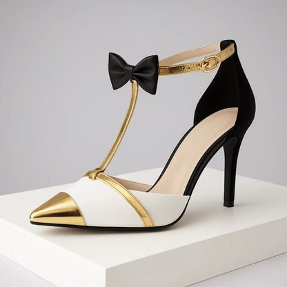 Décolleté Donna con Tacco a Stiletto, Punta Affusolata, Cinturino T-Bar e Fiocco – Dettagli Oro