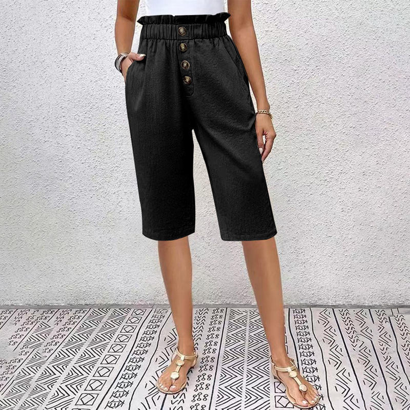 Pantaloncini Estivi Donna a Vita Alta con Tasche e Dettaglio Bottoni – Cotone Blend