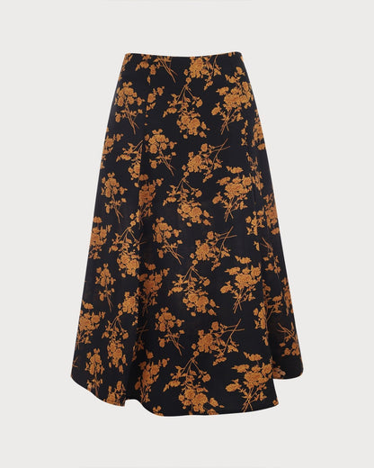 Women's High-Waisted A-Line Skirt with Floral Print and Side Slit