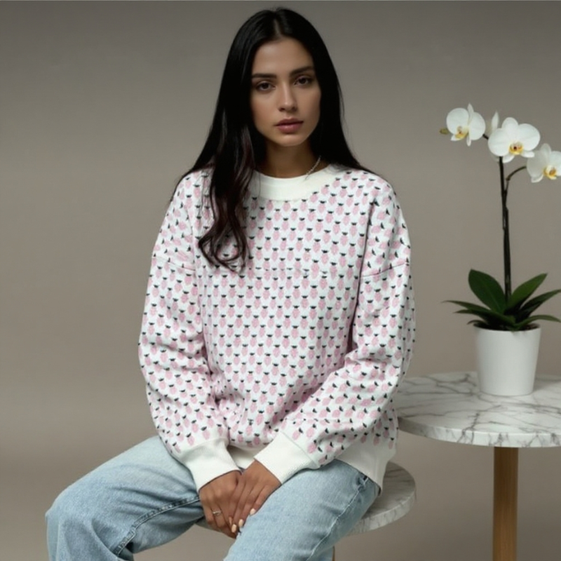 Maglione Donna Oversize con Stampa Fragole e Girocollo – Stile Casual