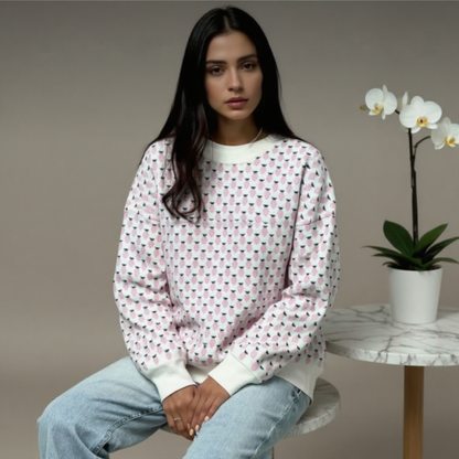 Maglione Donna Oversize con Stampa Fragole e Girocollo – Stile Casual