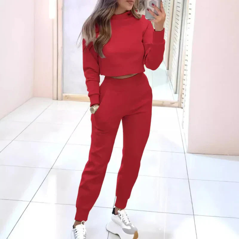 Women's Two-Piece Set with Cropped Sweater and Elastic Waist Pants
