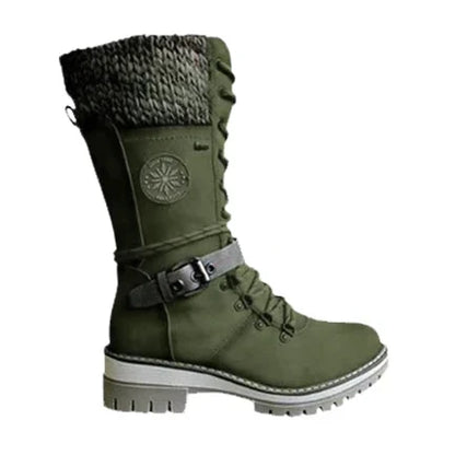 Women's Winter Lace-Up Boots with Rounded Toe, Block Heel, and Buckle.