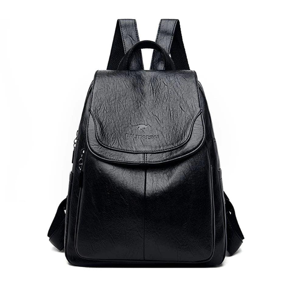 Zaino in pelle nera elegante con spallacci regolabili, tasche multiple e chiusura a zip. Design moderno ideale per scuola o lavoro.
