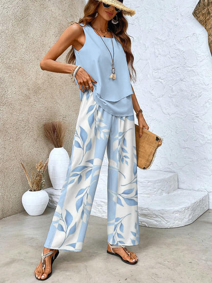 Women's Summer Two-Piece Set with Layered Top and Wide-Leg Pants