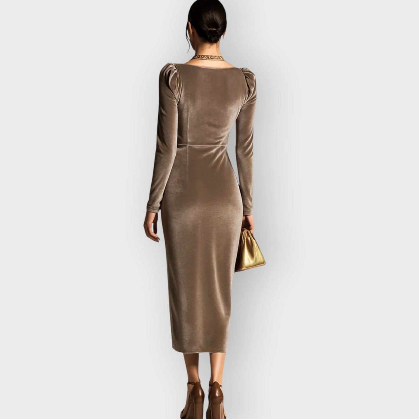 Women's Midi Draped Dress with Long Sleeves and Ruching