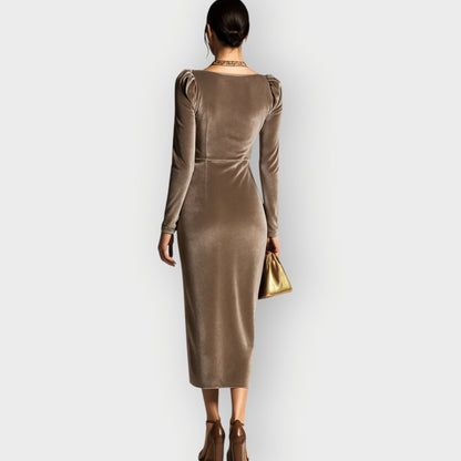 Women's Midi Draped Dress with Long Sleeves and Ruching