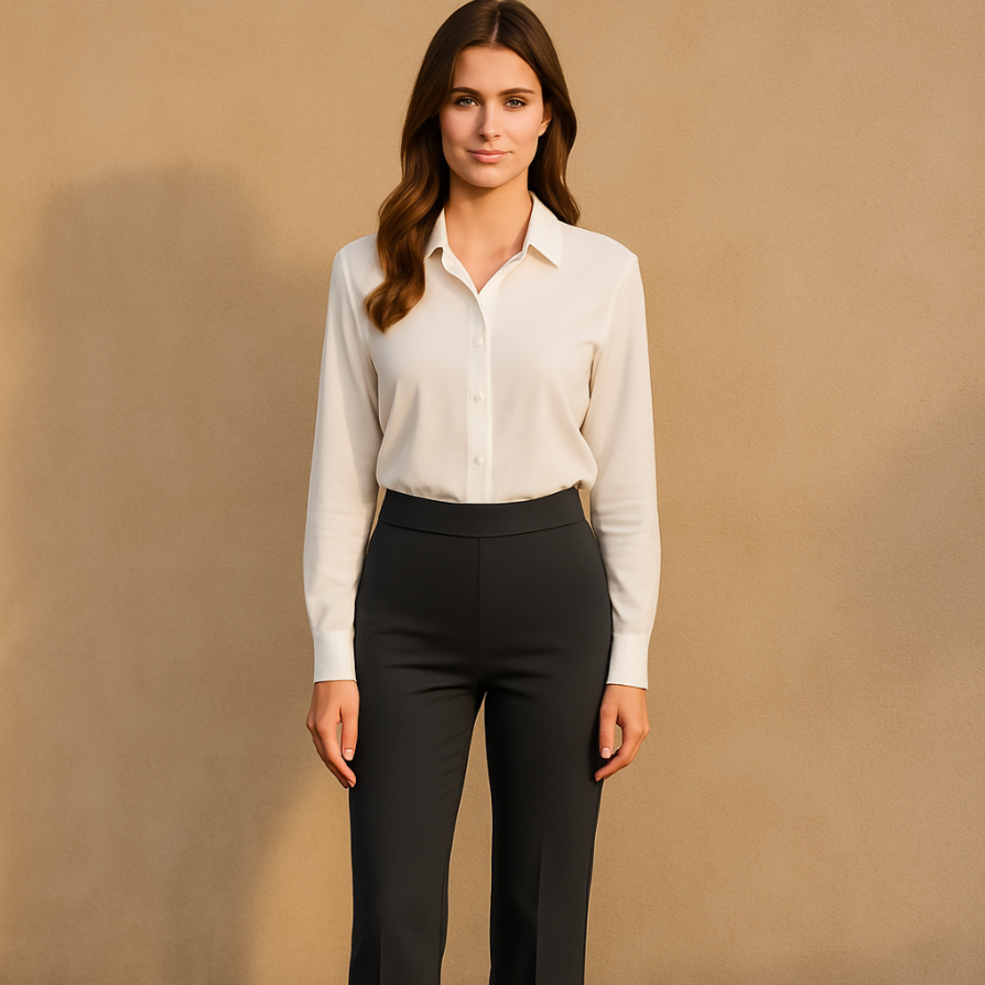 Donna in camicia bianca e pantaloni neri, posa contro un muro beige. Moda elegante, abbigliamento formale, stile professionale.