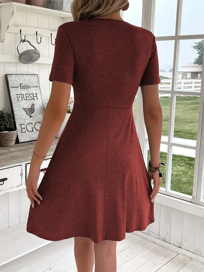 Women's Dress with V-Neck, Short Sleeves, Front Knot, and A-Line Silhouette