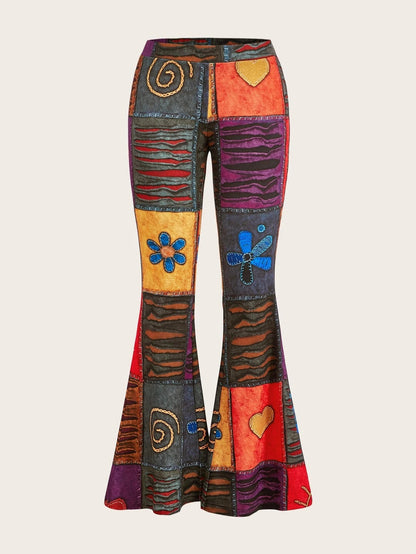 Pantalones de mujer bootcut estampados con motivo abstracto y cintura media