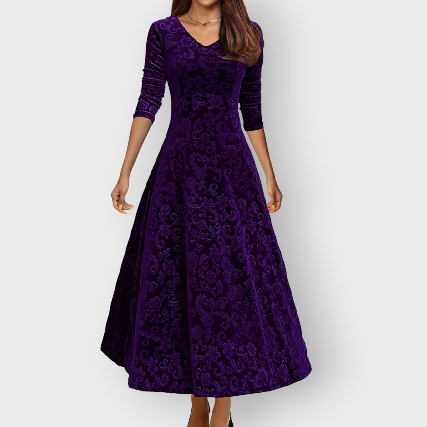 Women's Midi Jacquard Velvet Dress with V-Neck and Flared Skirt
