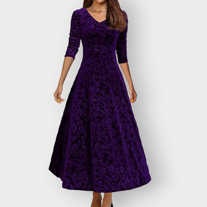 Women's Midi Jacquard Velvet Dress with V-Neck and Flared Skirt