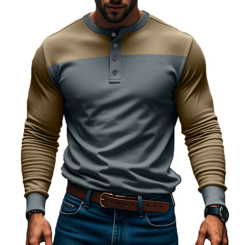 Men's Long Sleeve Henley Shirt with Color Block Design