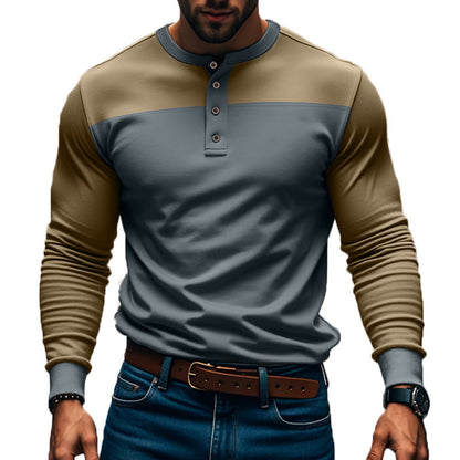 Men's Long Sleeve Henley Shirt with Color Block Design