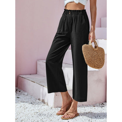 Women's High-Waisted Straight Casual Pants – Linen Style in Cotton Blend
