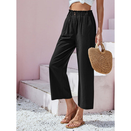 Pantaloni Casual Donna a Vita Alta Dritti – Stile Lino in Misto Cotone