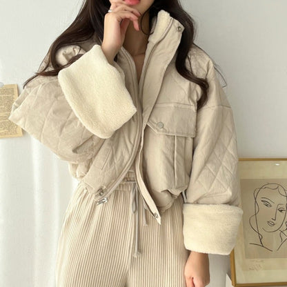 Women's Thick Winter Jacket with High Collar and Lamb Velvet Stitching