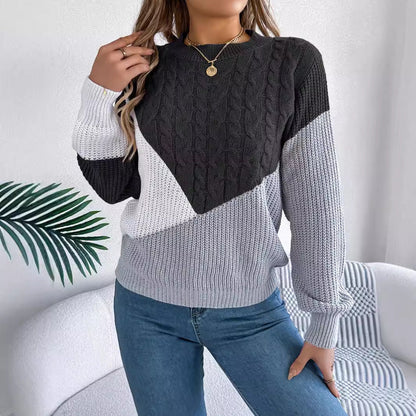 Dame langærmet sweater med twiststrik og kontrastdetaljer