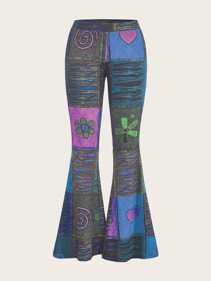 Pantalones de mujer bootcut estampados con motivo abstracto y cintura media