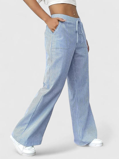 Women's Wide-Leg Pants with Elastic Waist, Drawstring, and Patch Pockets – Cotton Blend