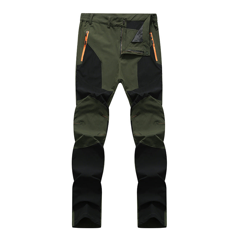 Pantaloni trekking uomo verde e nero, resistenti all'acqua, con tasche con zip arancioni, design ergonomico, ideali per escursionismo e outdoor.