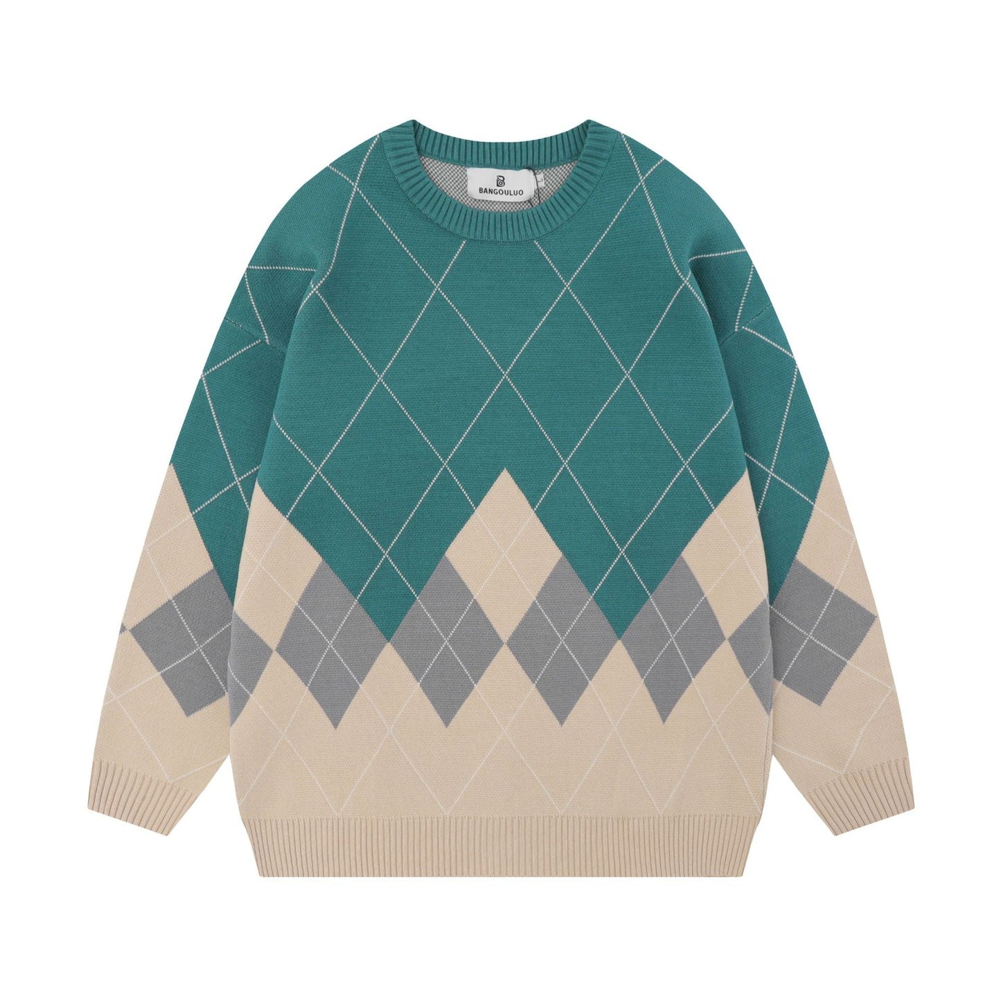 Women's Sweater Pullover with Diamond Pattern and Round Neck