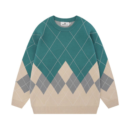 Women's Sweater Pullover with Diamond Pattern and Round Neck