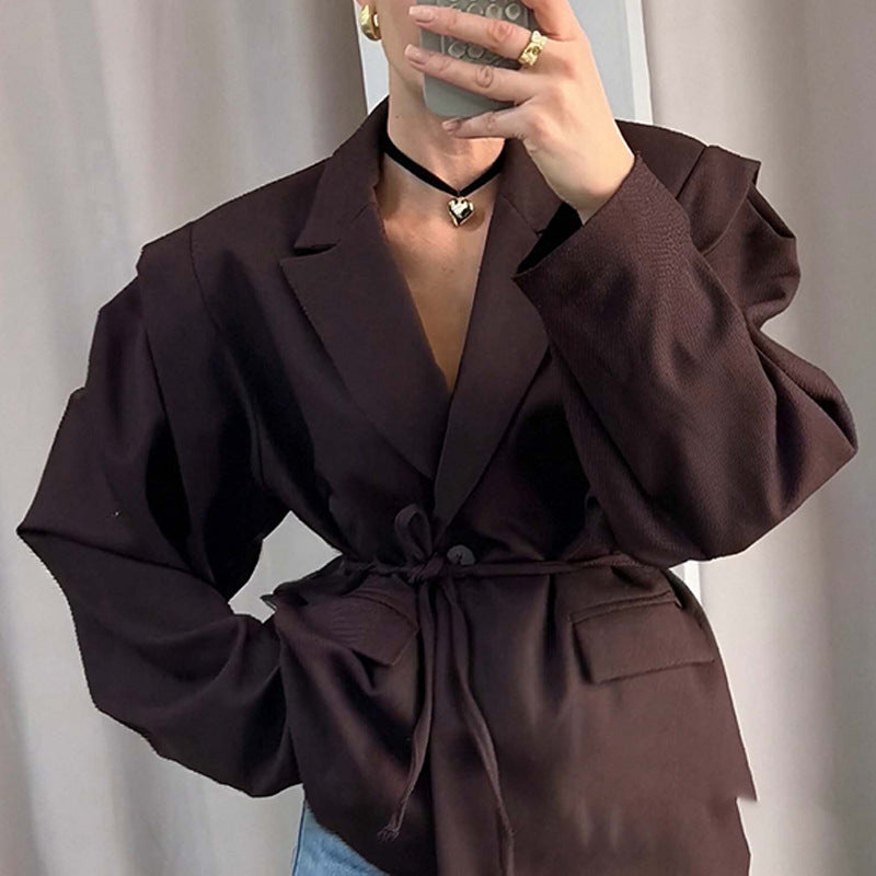 Chaqueta ligera de mujer para primavera con escote en V, cierre de lazada y mangas largas