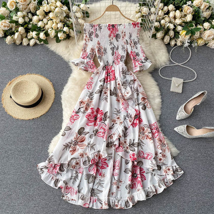 Abito Midi Donna con Spalle Scoperte, Maniche Corte e Volant – Stile Estivo