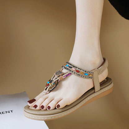 Infradito para mujer con strass, punta redonda y banda elástica – sandalias casuales
