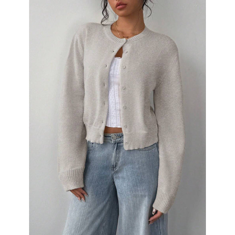 Cárdigan de punto ajustado para mujer con cuello redondo y mangas largas