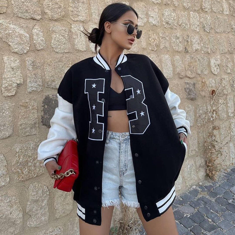 Chaqueta de mujer otoñal estilo béisbol con bordados y mangas largas