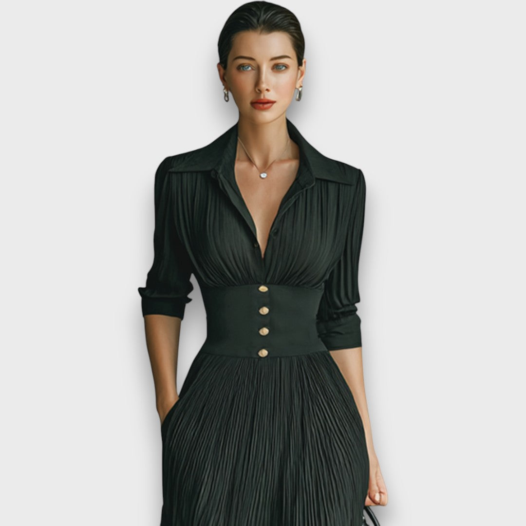 Women's Maxi Dress with Long Sleeves, Notched Collar, and Pleated Skirt – Elegant Formal Dress