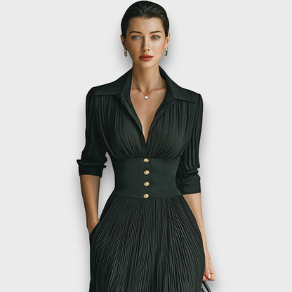 Women's Maxi Dress with Long Sleeves, Notched Collar, and Pleated Skirt – Elegant Formal Dress