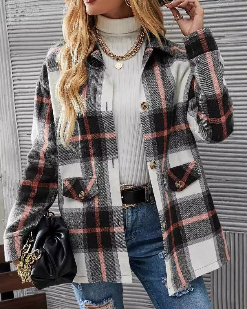 Women's Long Sleeve Shirt with Checkered Pattern, Turn-Down Collar, and Dropped Shoulders