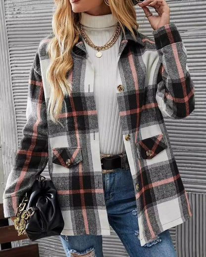 Women's Long Sleeve Shirt with Checkered Pattern, Turn-Down Collar, and Dropped Shoulders