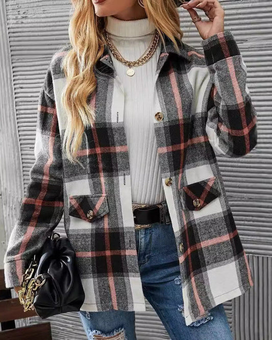 Camicia da Donna a Maniche Lunghe con Fantasia a Quadri, Colletto a Risvolto e Spalle Scese