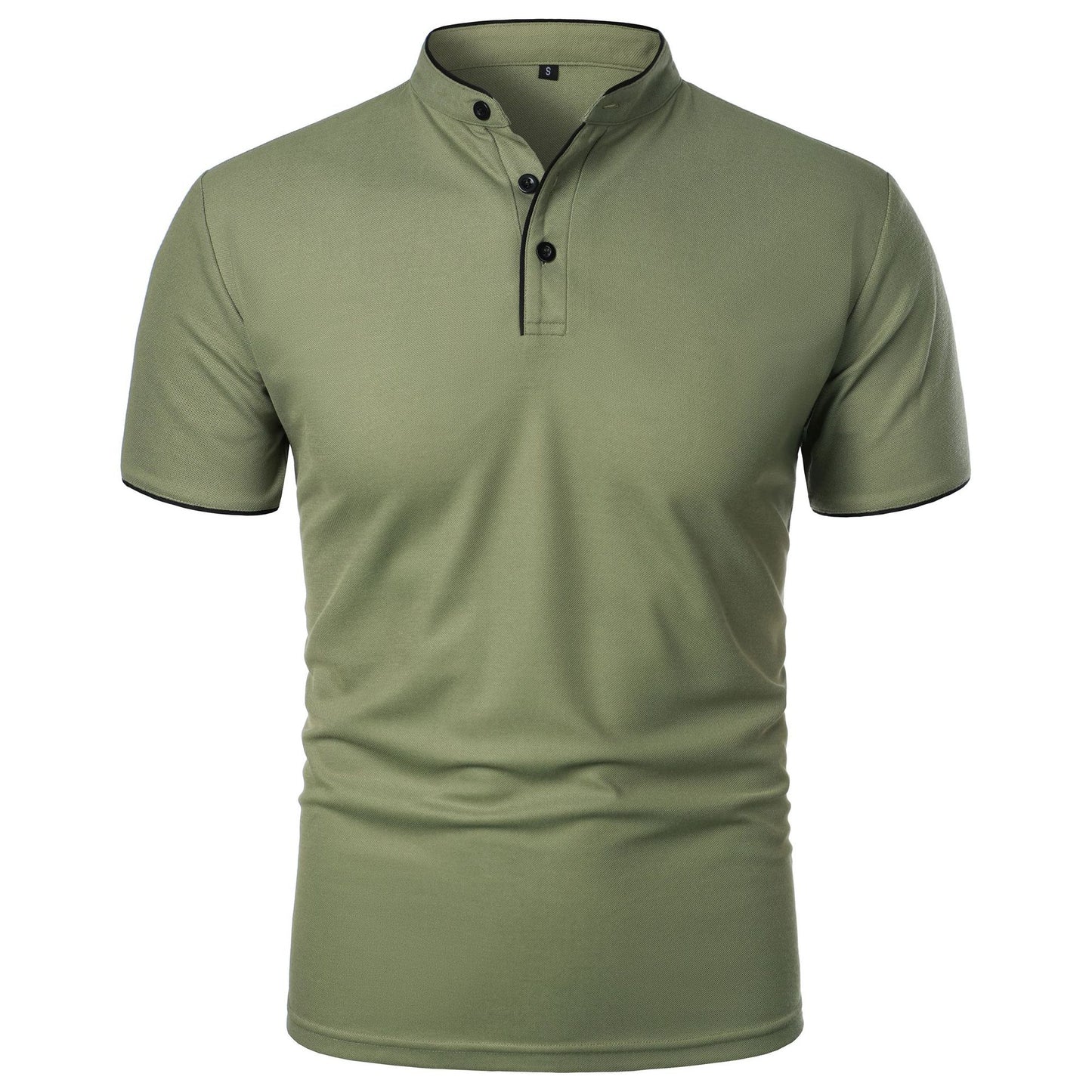 Maglietta verde oliva da uomo con colletto alla coreana e tre bottoni, maniche corte, design casual elegante, perfetta per moda estiva.