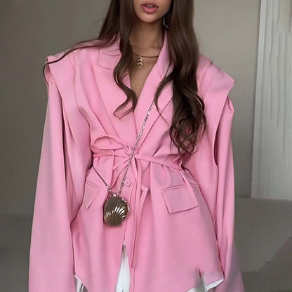 Chaqueta ligera de mujer para primavera con escote en V, cierre de lazada y mangas largas