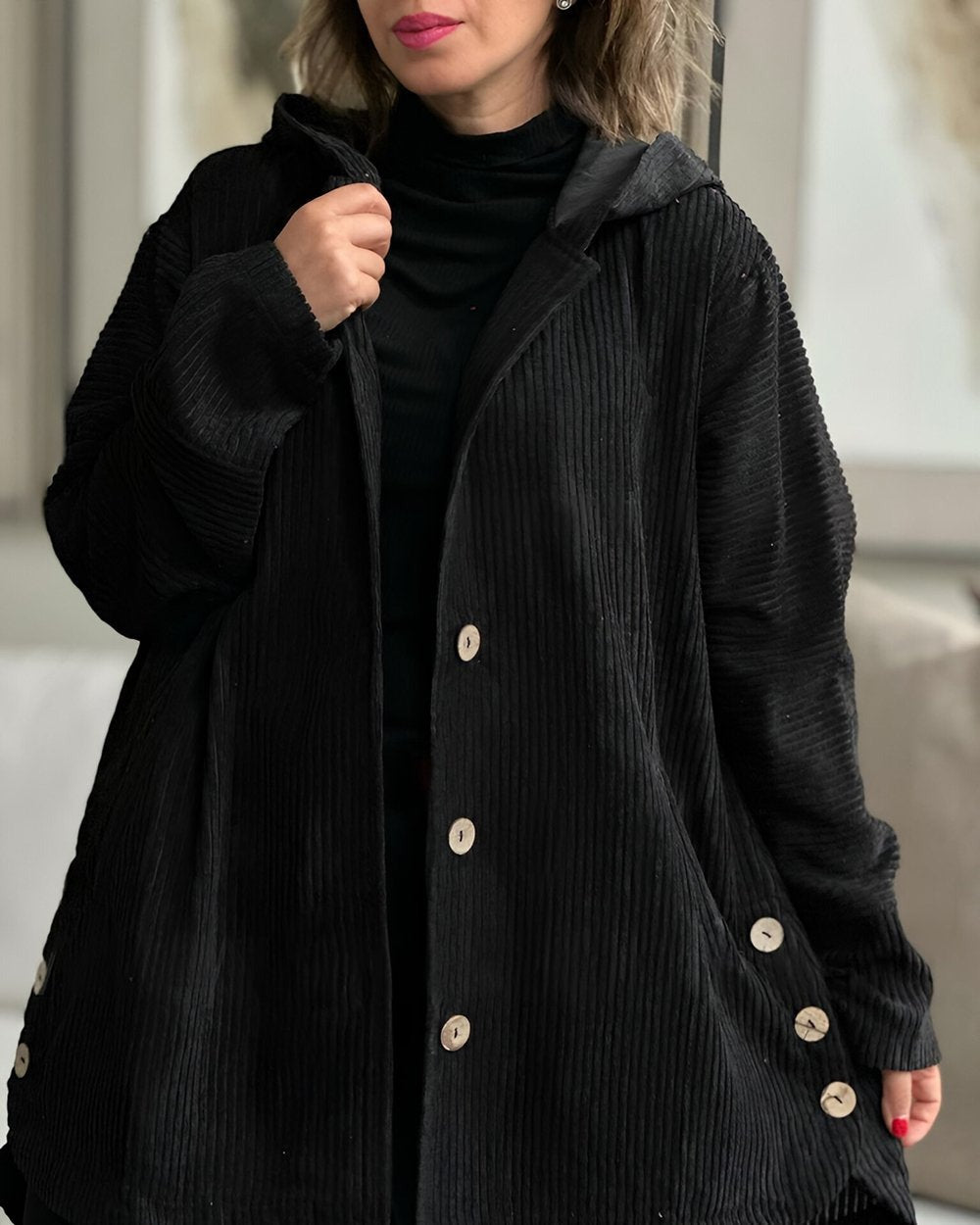 Women's Autumn Corduroy Jacket with Hood and Pockets – Solid Color