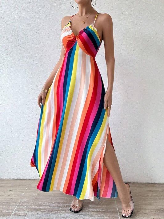 Women's Midi Dress with Rainbow Stripes Sleeveless – Elegant Bodycon Dress