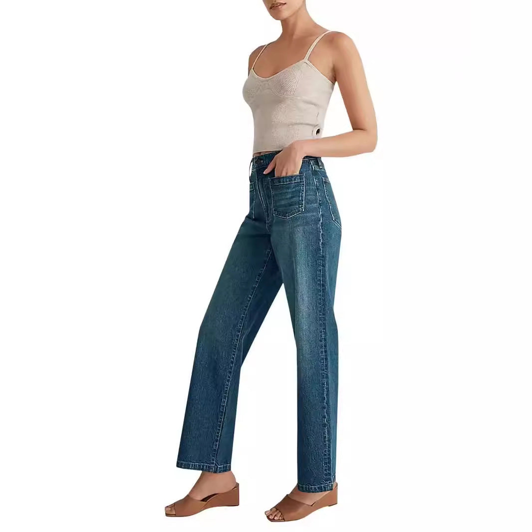 Women's High-Waisted Wide-Leg Jeans with Ripped Design and Square Pockets