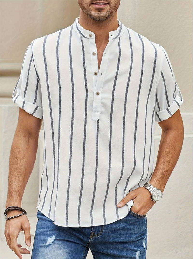 Men's Summer Short Sleeve Shirt with Striped Pattern – Linen Style